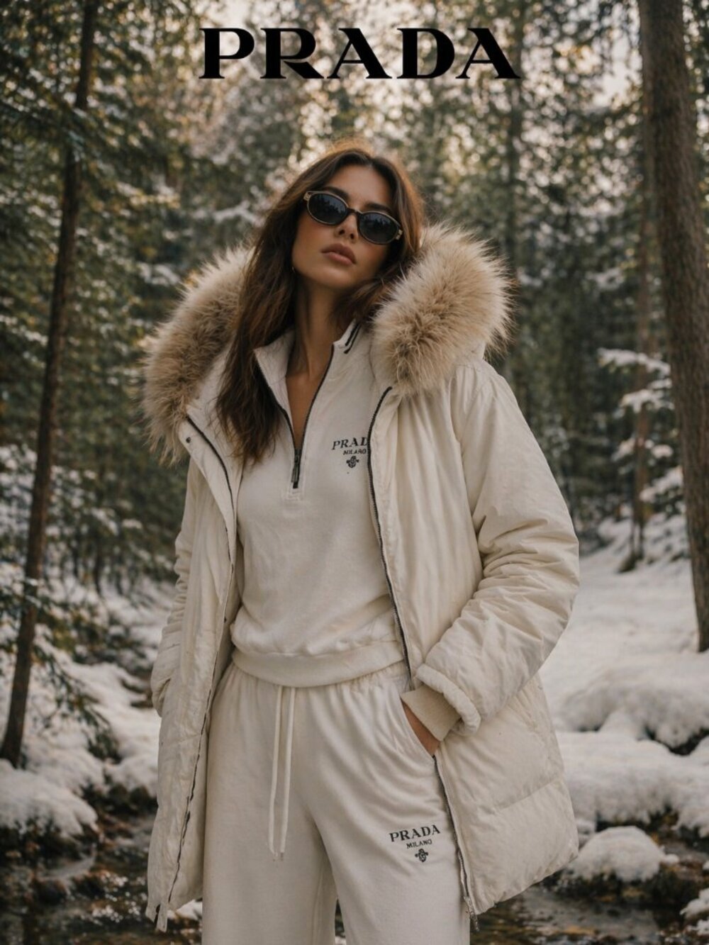 PRADA Sport Linea Rossa Gore-Tex Jacket Womens 42 White Real Fur Hood Nylon Coat
